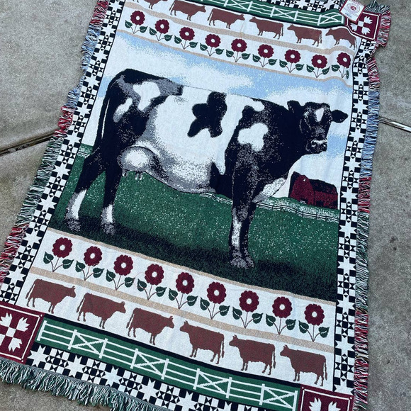Vintage 1993 NWT Cow Cotton Woven Tapestry Blanket by the Rug Barn - Picture 2 of 7